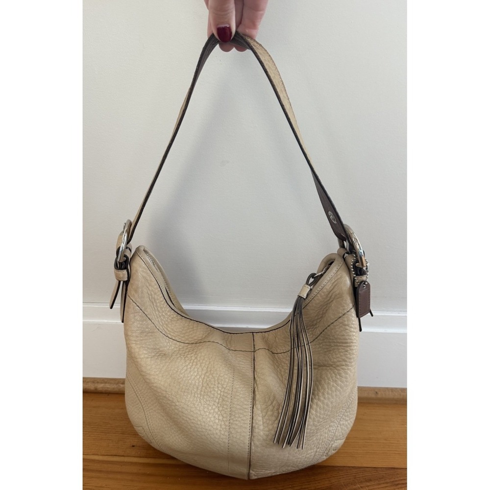 VTG Coach Beige Pebbled Full Grain Leather Large Shoulder Hobo Bag 3227 Y2K - Picture 2 of 13
